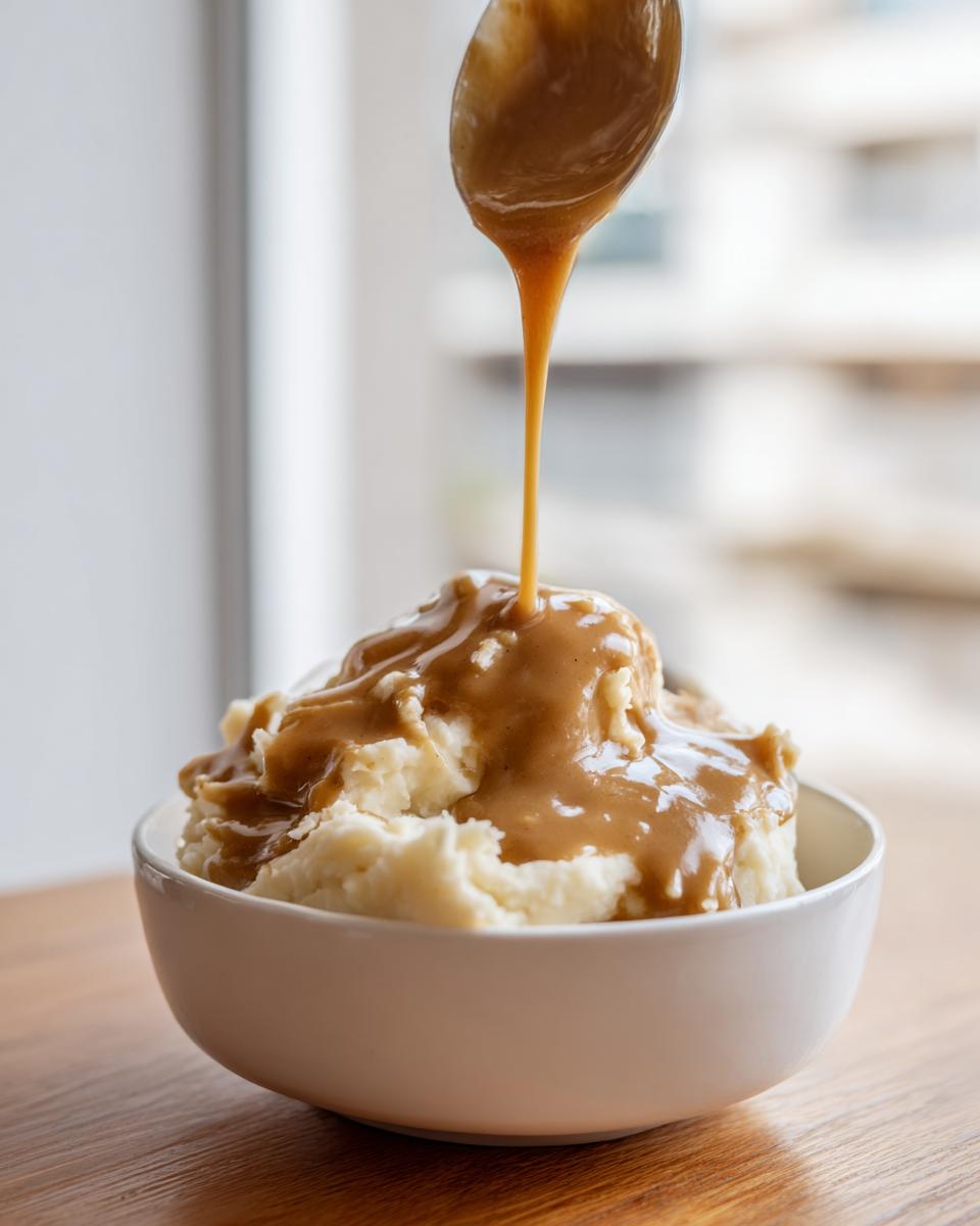 A spoonful of rich homemade brown gravy is being poured over a bowl of fluffy mashed potatoes.