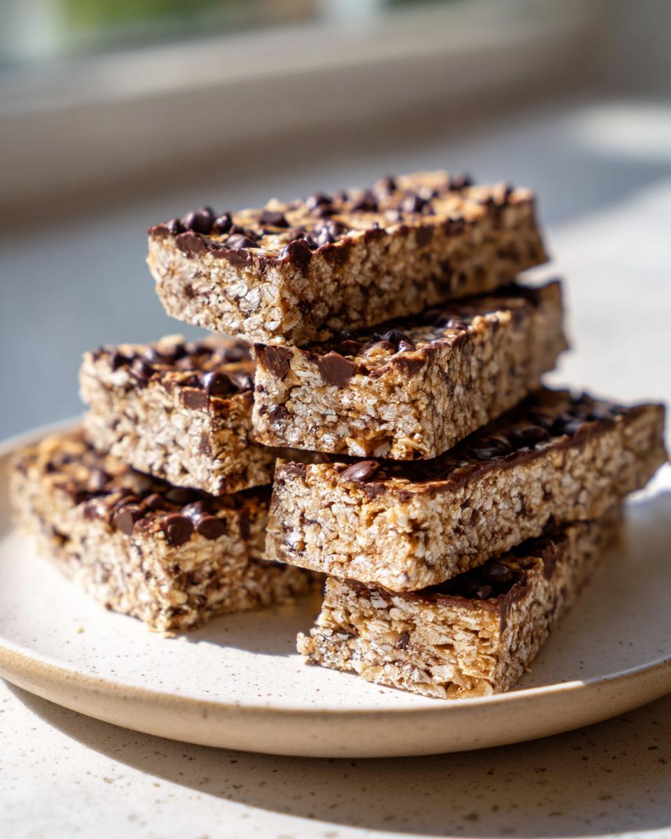 A stack of homemade, chewy protein bars topped with mini chocolate chips, sitting on a speckled plate.