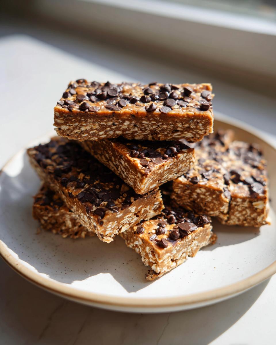 A stack of homemade, no-bake protein bars topped with mini chocolate chips, sitting on a speckled white plate.