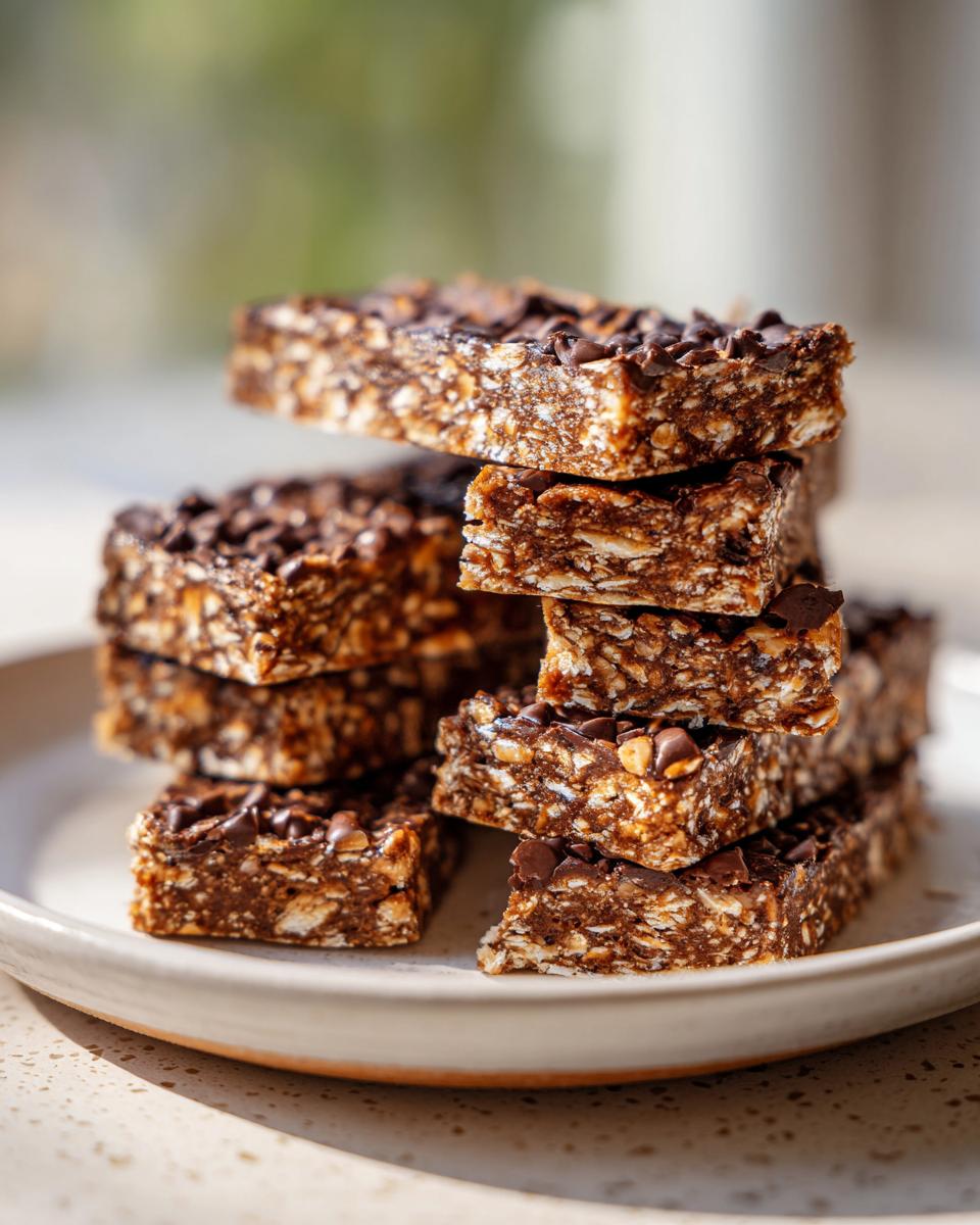 A stack of homemade, chewy chocolate chip protein bars topped with mini chocolate chips.