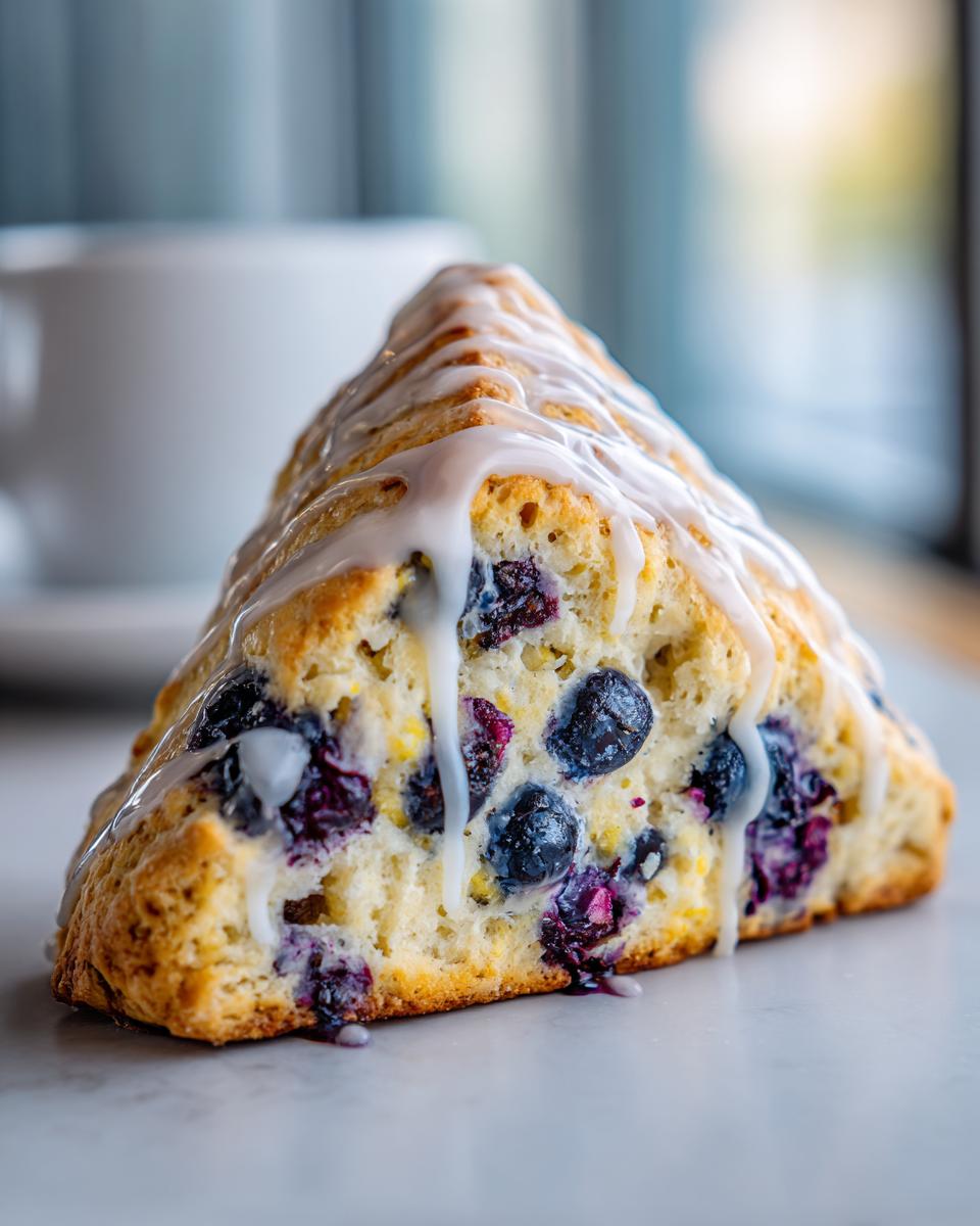 A close-up, triangular slice of a moist blueberry scone generously studded with blueberries and topped with a thick white glaze drizzle.