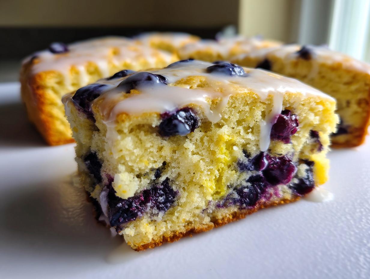 Close-up of a moist slice of blueberry scones, studded with dark blueberries and drizzled with white lemon glaze.