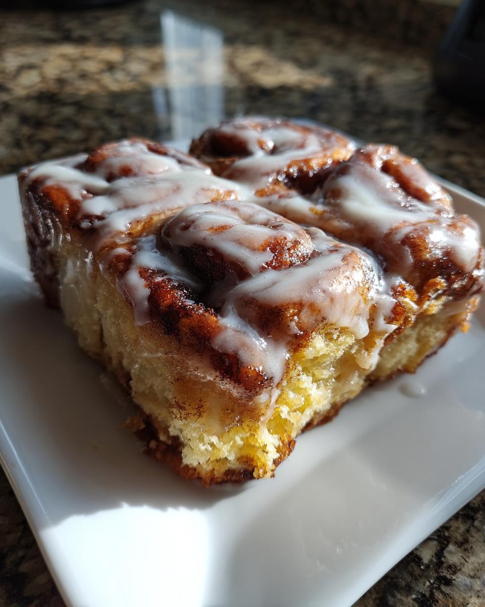 A close-up of a serving of gooey, iced Cinnamon roll casserole on a white plate.