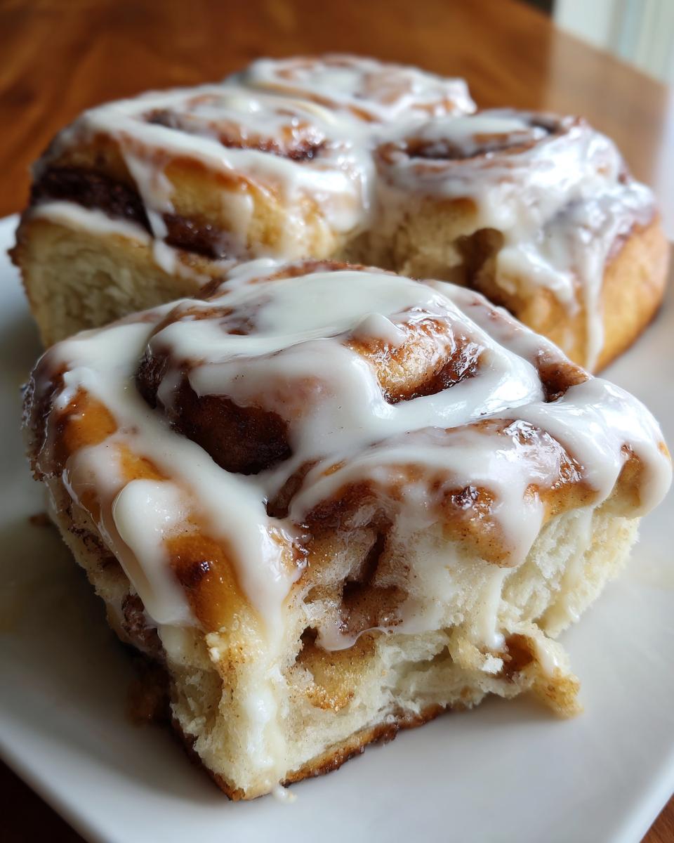 A close-up of a freshly baked cinnamon roll covered in thick white icing, showing the soft, swirled interior.