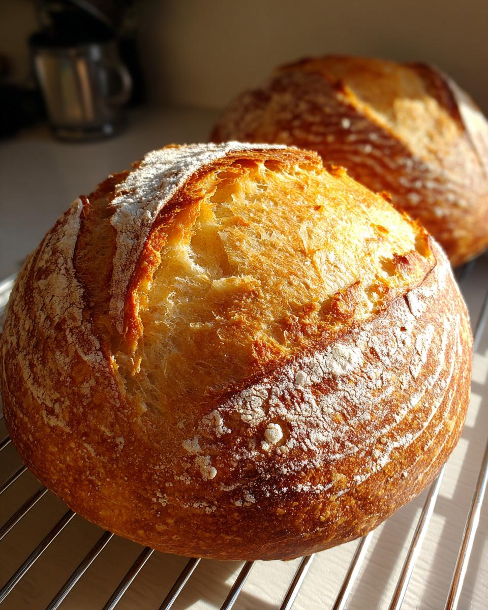 Close-up of a beautifully baked, golden-brown Italian bread loaf with a scored, flour-dusted crust cooling on a wire rack.