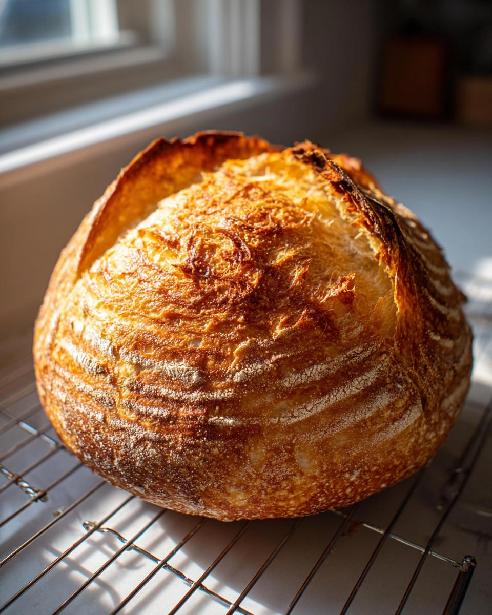 A beautifully baked round loaf of Italian bread with a deeply caramelized, crusty top resting on a cooling rack.