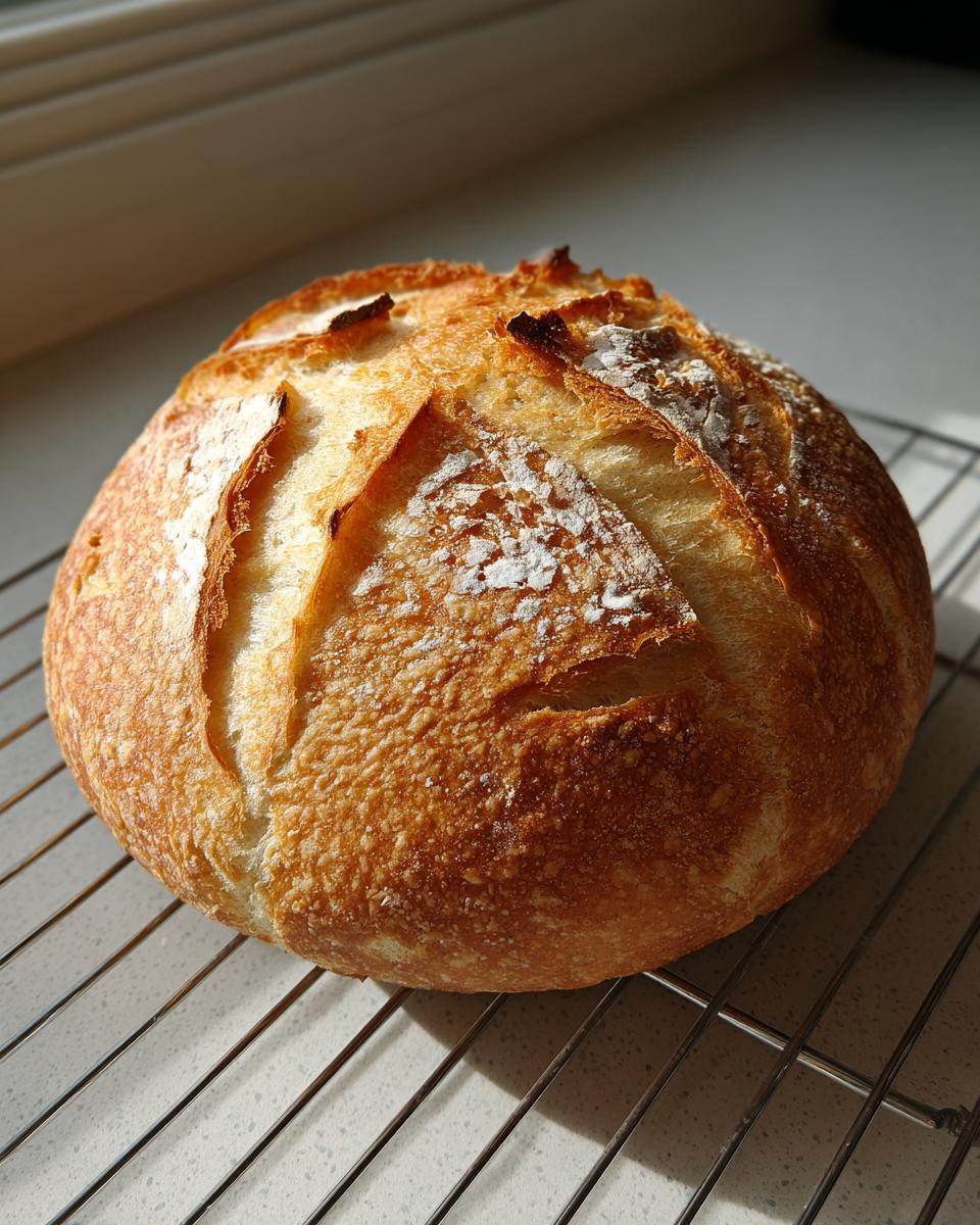A round loaf of golden brown Italian bread with a crisp, scored crust cooling on a wire rack.