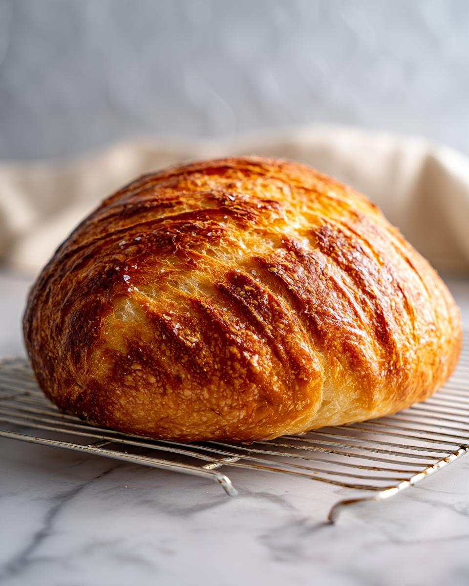 A rustic, round loaf of Italian bread with a deeply scored, golden-brown, and shiny crust cooling on a wire rack.