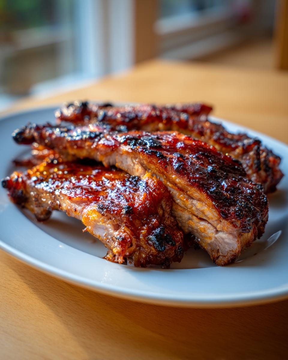 Close-up of four juicy, glazed pork steak pieces stacked on a white plate, featuring a caramelized crust.