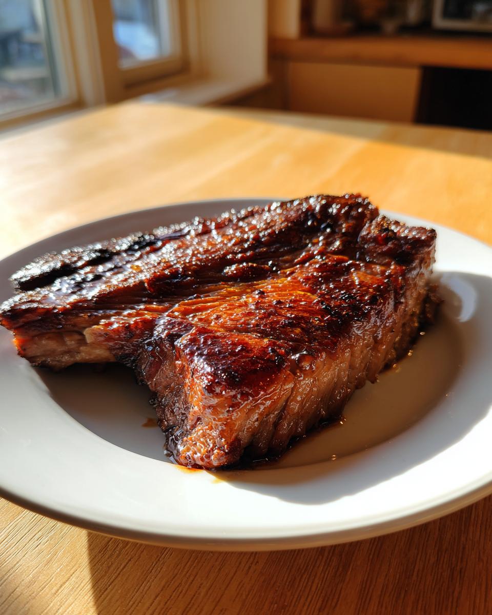 A perfectly cooked, juicy pork steak with a dark, caramelized glaze served on a white plate.