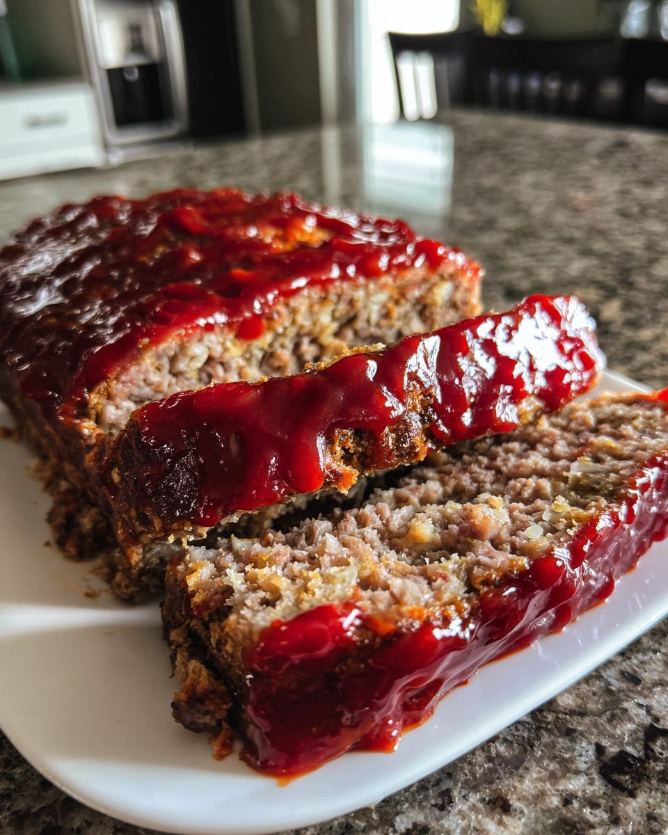 Close-up of a juicy meatloaf, sliced to show the texture, covered in a thick, glossy red ketchup glaze.