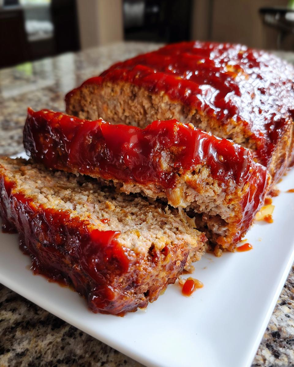 Close-up of a juicy meatloaf, sliced to show the texture, topped with a thick, glossy red ketchup glaze.