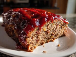 A thick slice of juicy meatloaf topped with a glossy red ketchup glaze, resting on a white plate.