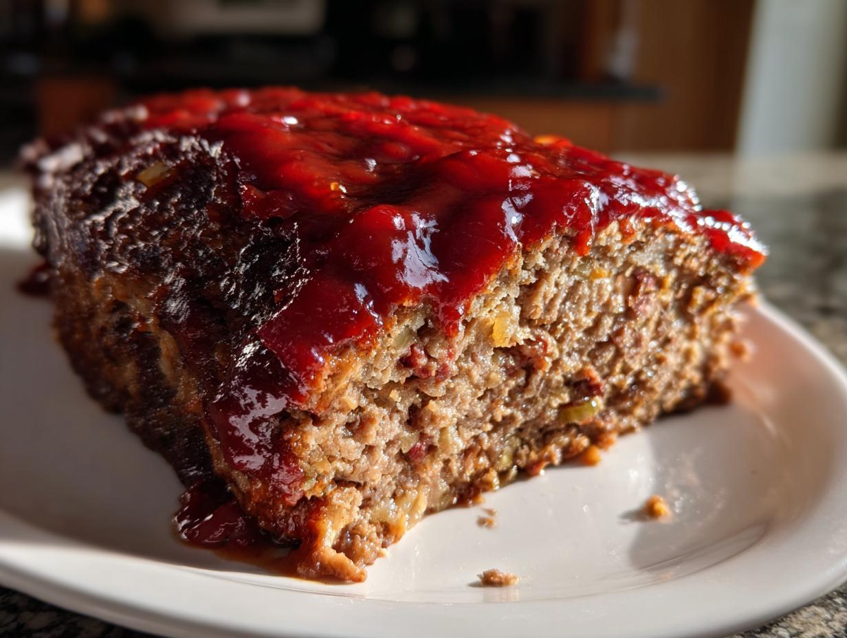 A thick slice of juicy meatloaf topped with a glossy red ketchup glaze, resting on a white plate.