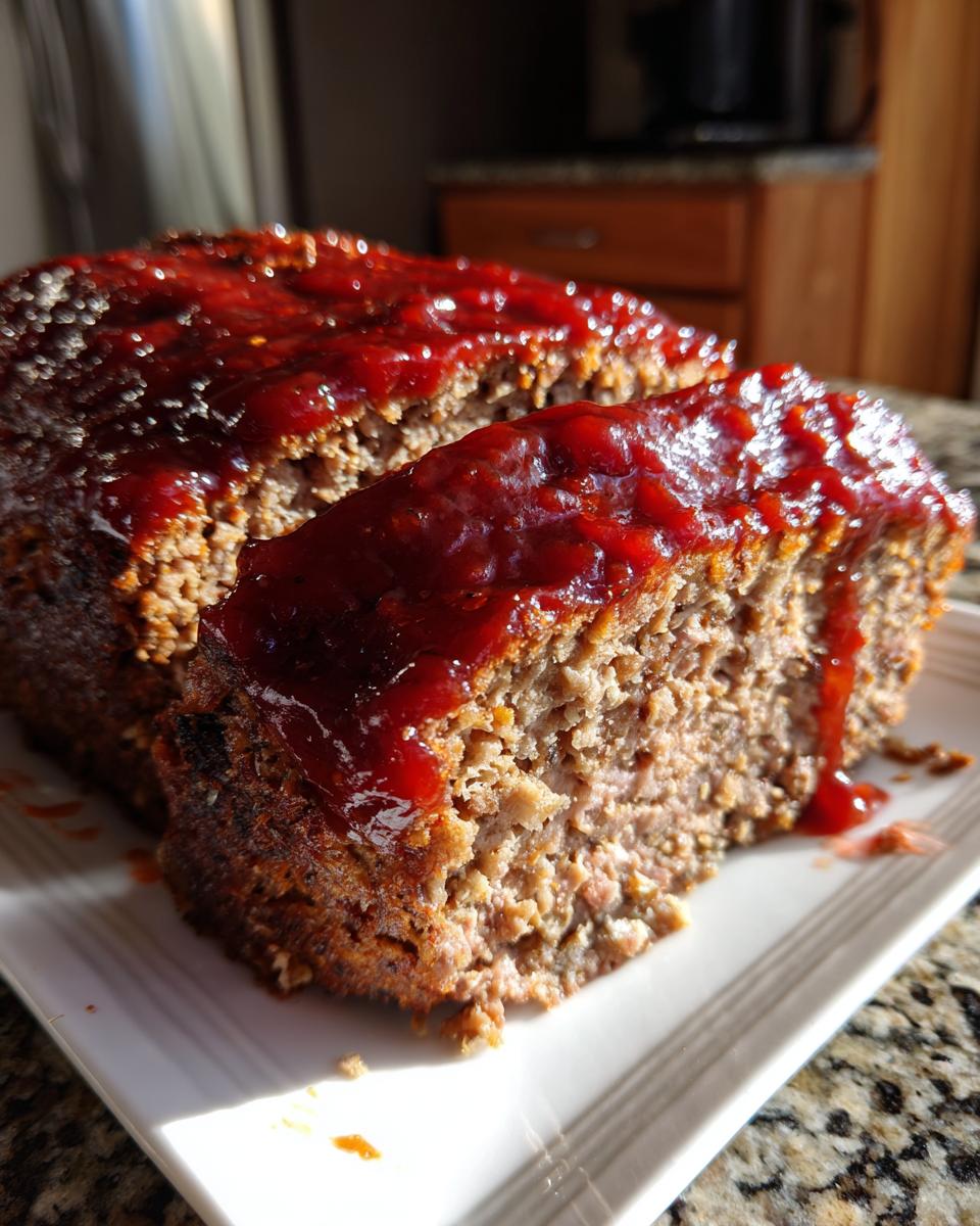 Close-up of a juicy meatloaf with a thick, glossy red glaze, showing one slice cut and ready to serve.