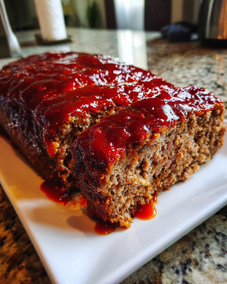 Close-up of a sliced, juicy meatloaf covered in a thick, glossy red glaze, resting on a white serving platter.
