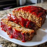 Two thick slices of juicy meatloaf covered in a thick, bright red ketchup glaze, resting on a white plate.