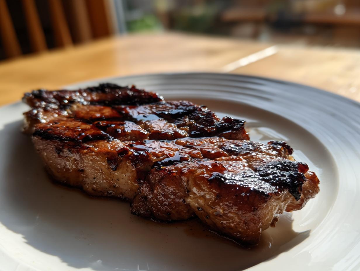 Close-up of a perfectly grilled, juicy pork steak recipe cut, glistening with a dark glaze on a white plate.