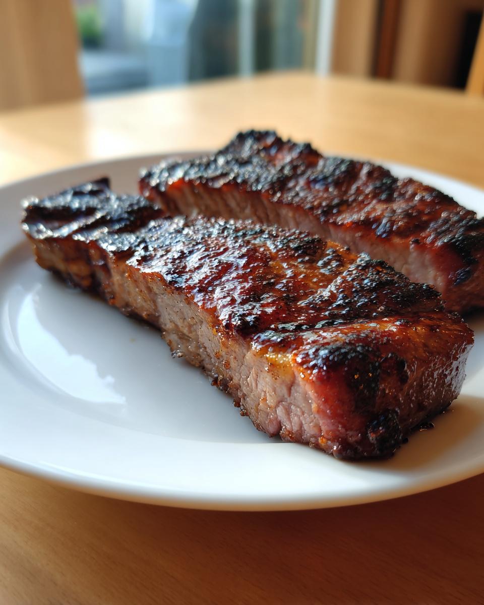 Close-up of two perfectly cooked, juicy pork steak recipe cuts resting on a white plate.