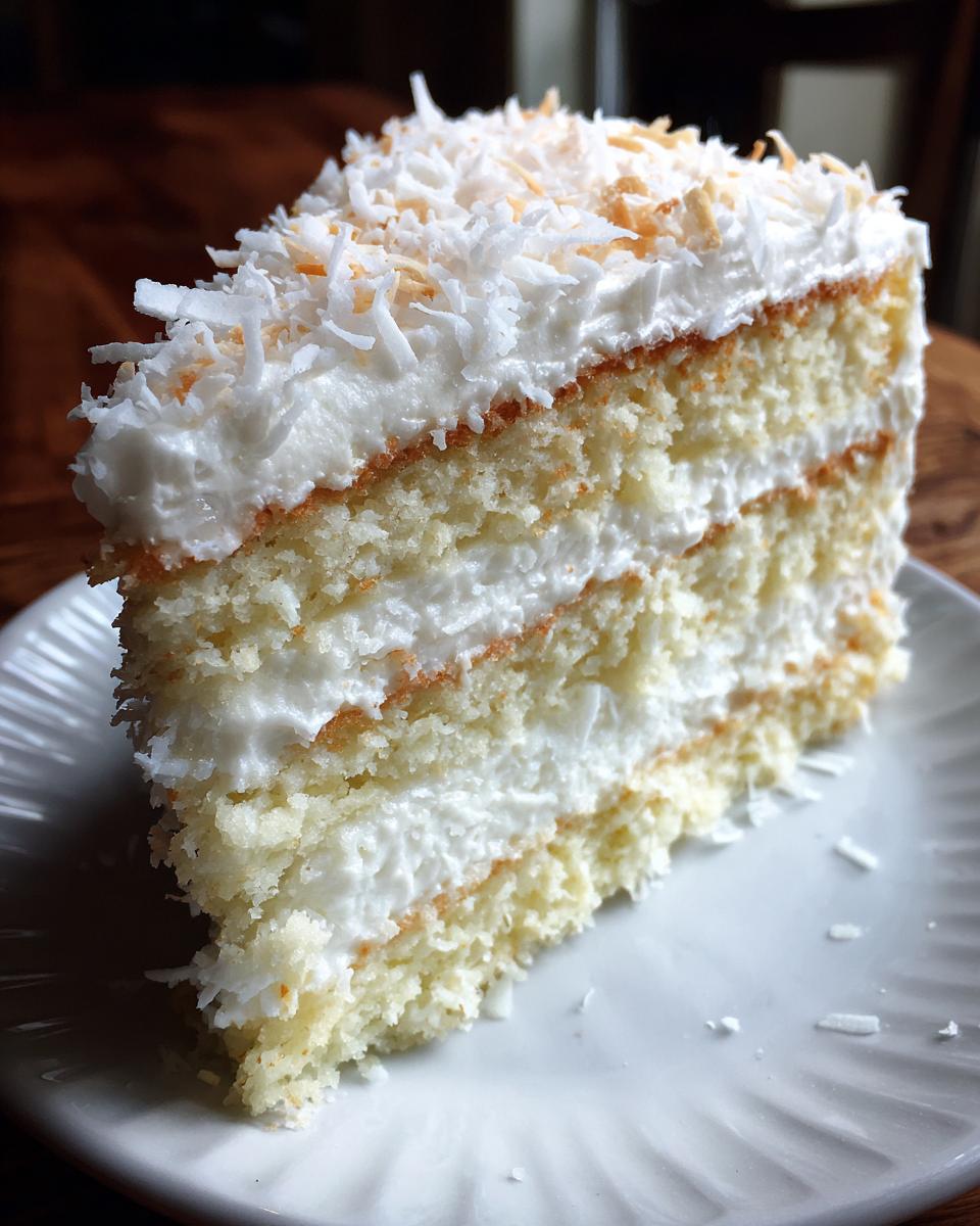 Close-up of a moist, three-layer coconut cake slice frosted with white cream and topped with shredded coconut.