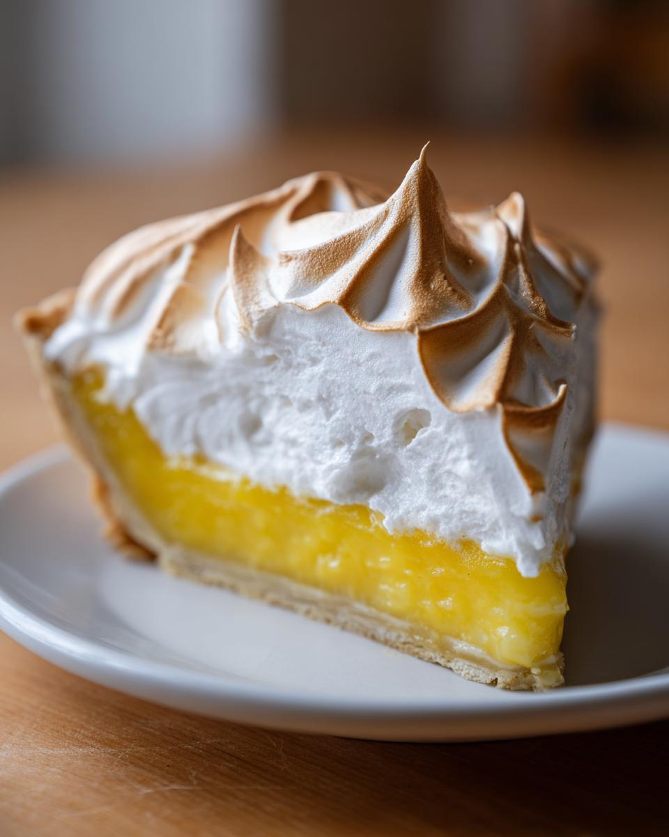 A close-up of a slice of lemon meringue pie showing bright yellow filling and toasted meringue peaks.