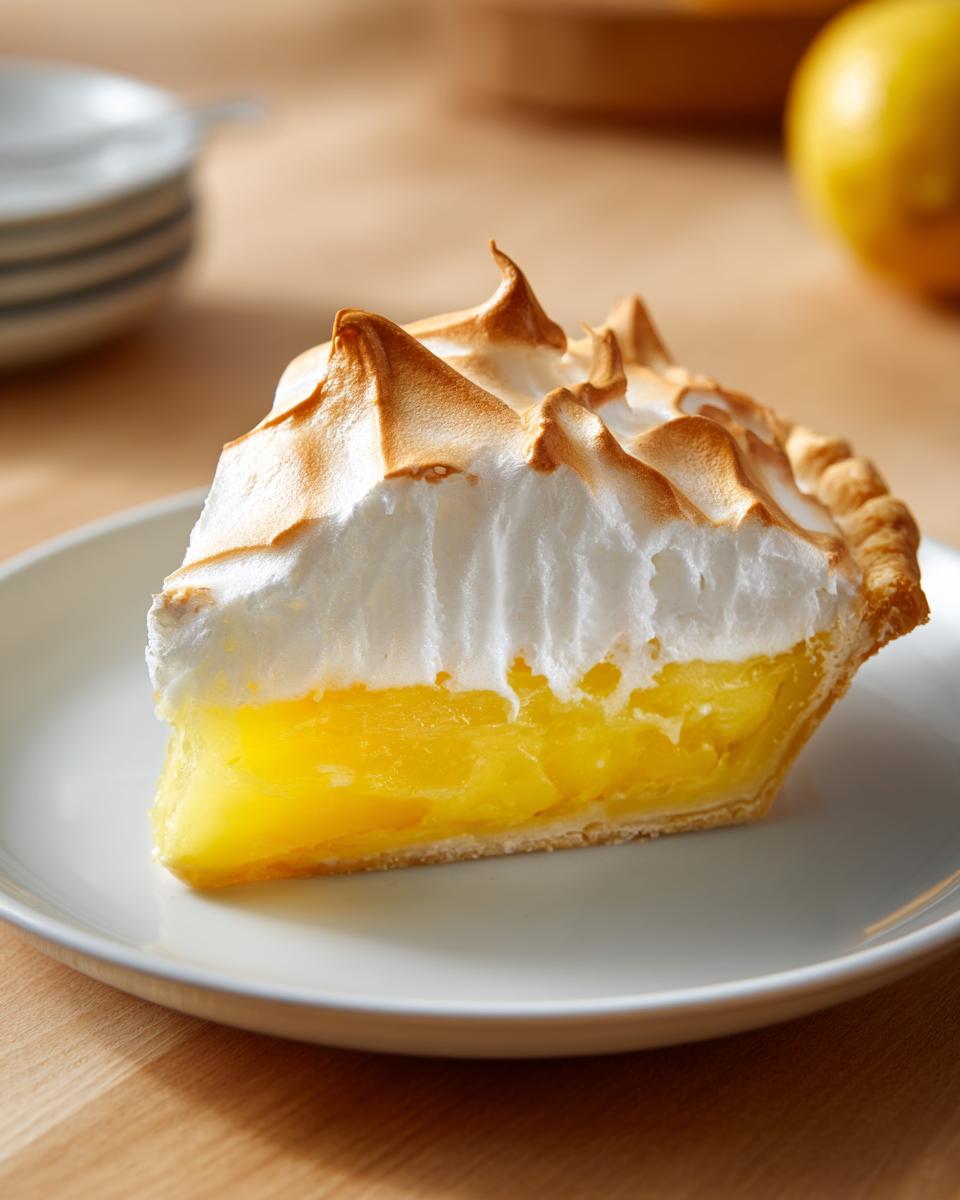 A thick slice of bright yellow lemon meringue pie with a tall, toasted meringue topping on a white plate.