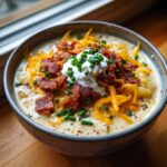 A hearty bowl of Loaded Baked Potato Soup topped generously with sour cream, crispy bacon bits, shredded cheddar, and fresh chives.