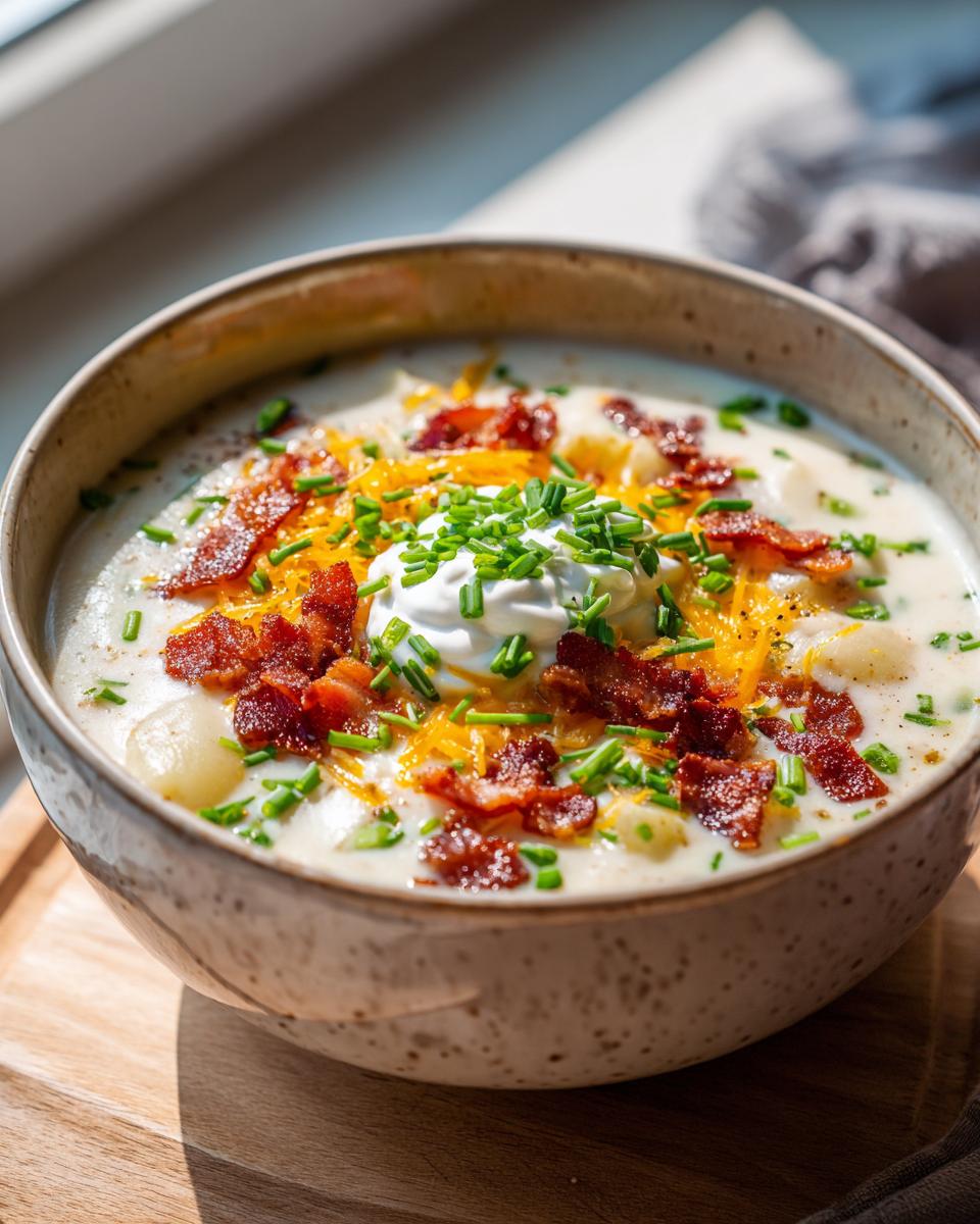 A creamy bowl of Loaded Baked Potato Soup topped generously with bacon bits, shredded cheddar, sour cream, and chives.