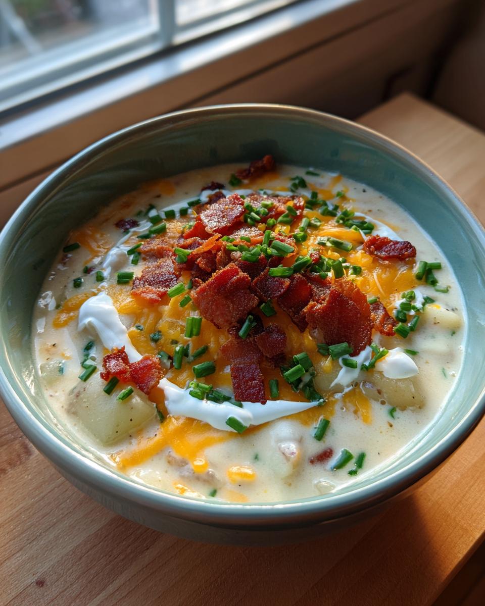 A close-up of a bowl of creamy Loaded Baked Potato Soup garnished heavily with bacon bits, shredded cheddar cheese, sour cream, and chives.
