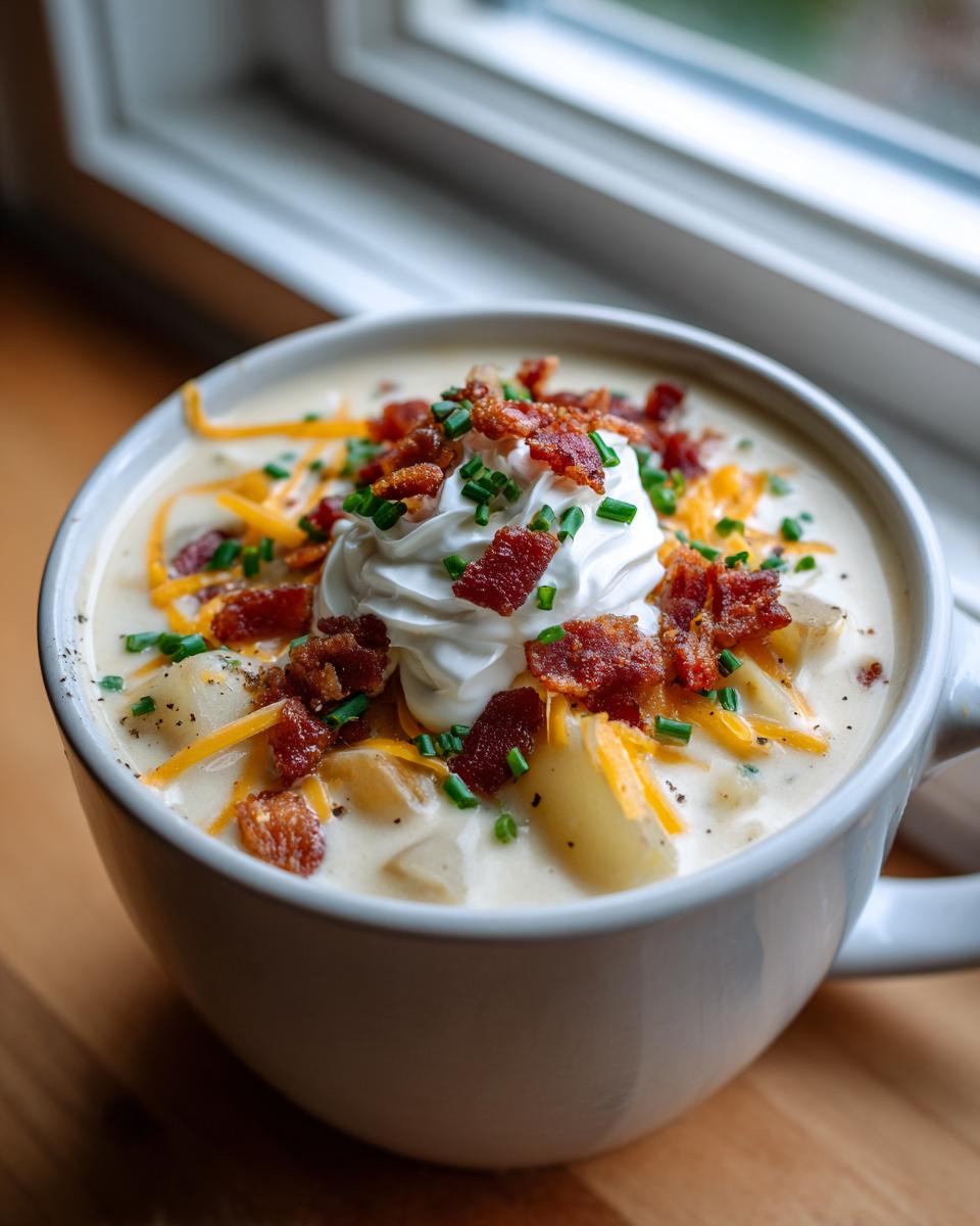 A creamy bowl of Loaded Baked Potato Soup topped with a dollop of sour cream, crispy bacon bits, shredded cheddar, and fresh chives.