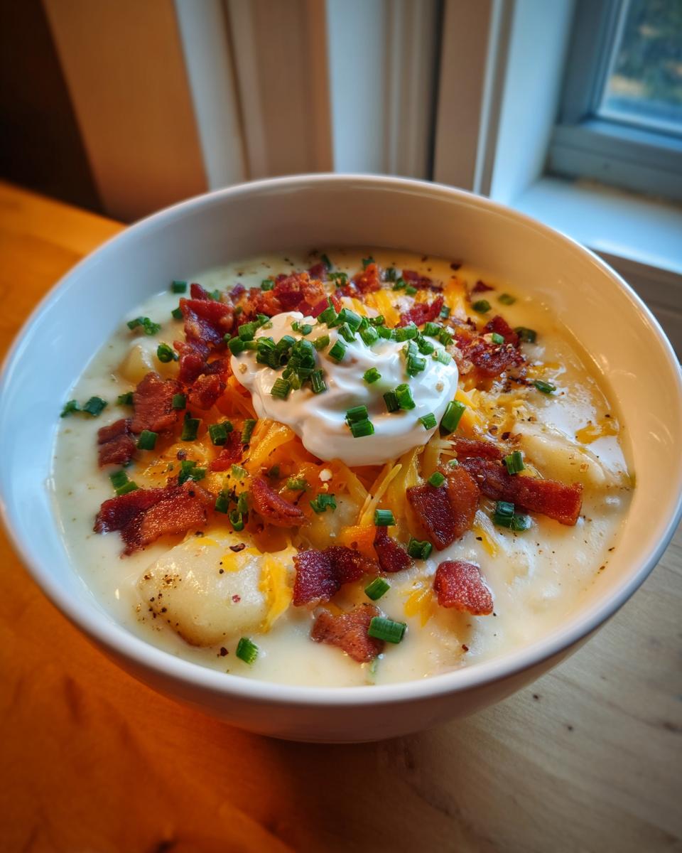 A creamy bowl of Loaded Baked Potato Soup topped generously with cheddar cheese, crispy bacon, sour cream, and fresh chives.