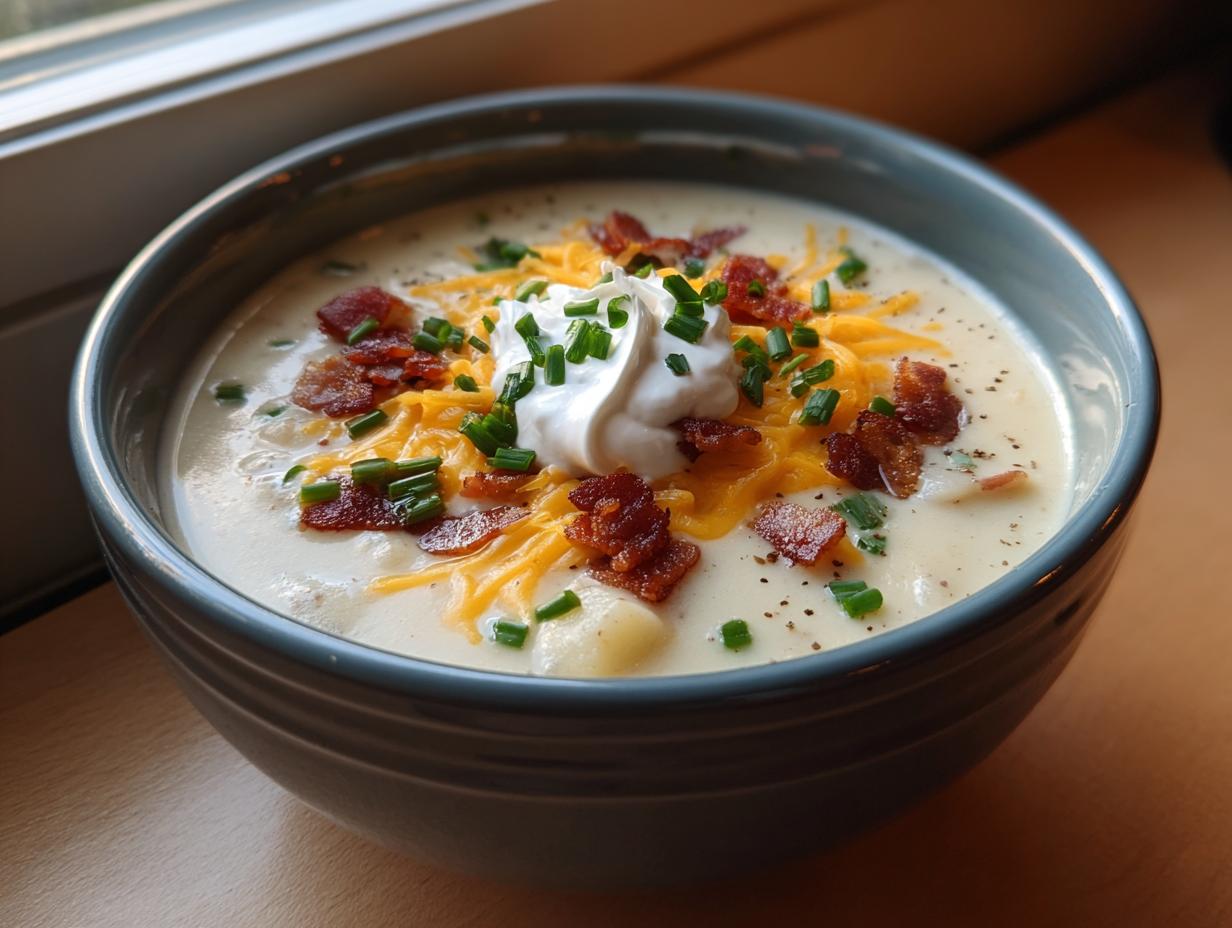 A creamy bowl of Loaded Baked Potato Soup topped with shredded cheddar, bacon bits, sour cream, and chives.