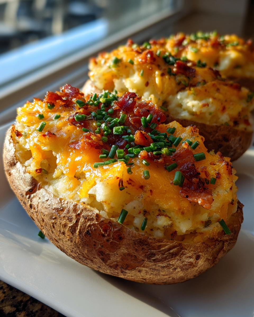 Close-up of a perfectly loaded twice baked potatoes, topped with melted cheddar cheese, bacon bits, and fresh chives.
