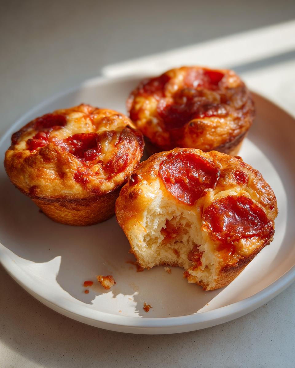 Three golden-brown pizza muffins, one with a bite taken out, sitting on a white plate in bright sunlight.