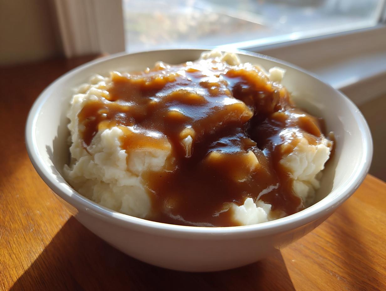 A white bowl filled with fluffy mashed potatoes generously topped with rich, homemade brown gravy.