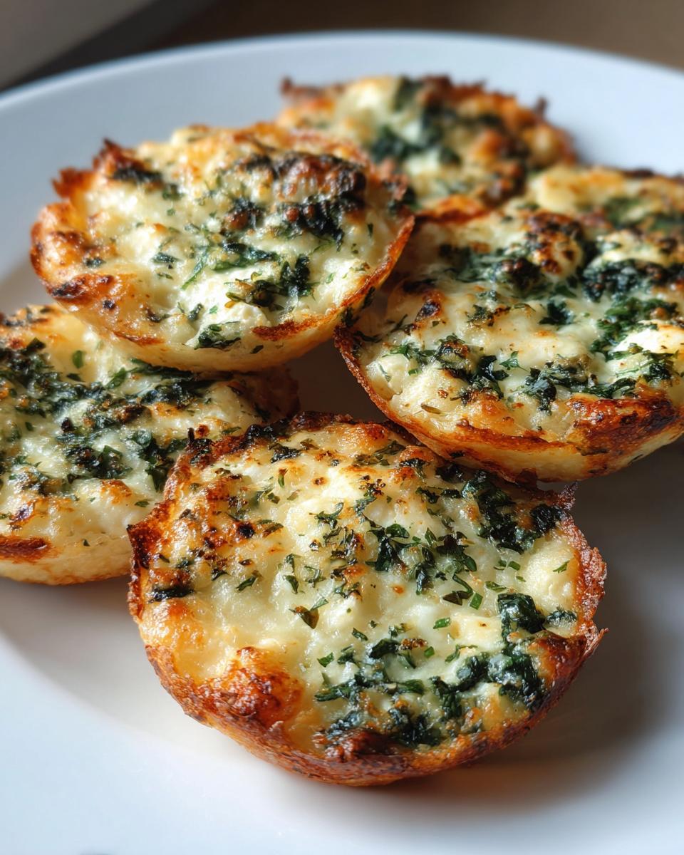 Close-up of several golden-brown Mediterranean Spinach and Feta Cheese Crisps topped with melted cheese and herbs.