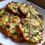 Close-up of several golden-brown Mediterranean Spinach and Feta Cheese Crisps piled on a white plate.