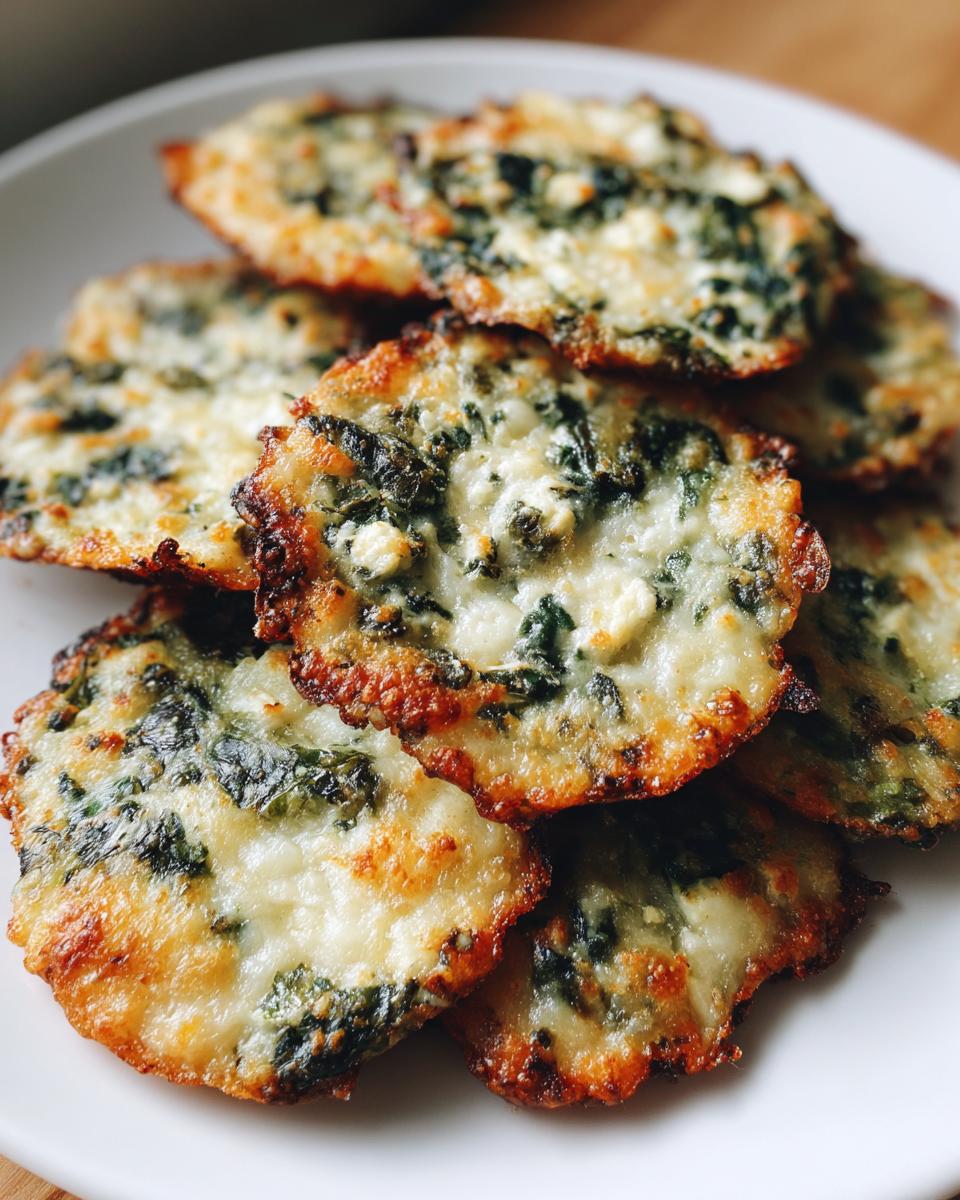 Close-up of several golden-brown Mediterranean Spinach and Feta Cheese Crisps piled on a white plate.