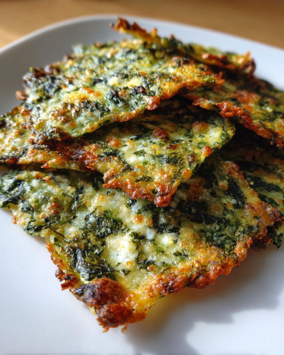 A close-up of several golden-brown, crispy Mediterranean Spinach and Feta Cheese Crisps stacked on a white plate.