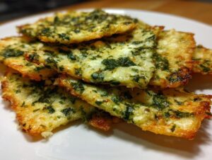 Close-up of golden brown, crispy Mediterranean Spinach and Feta Cheese Crisps stacked on a white plate.