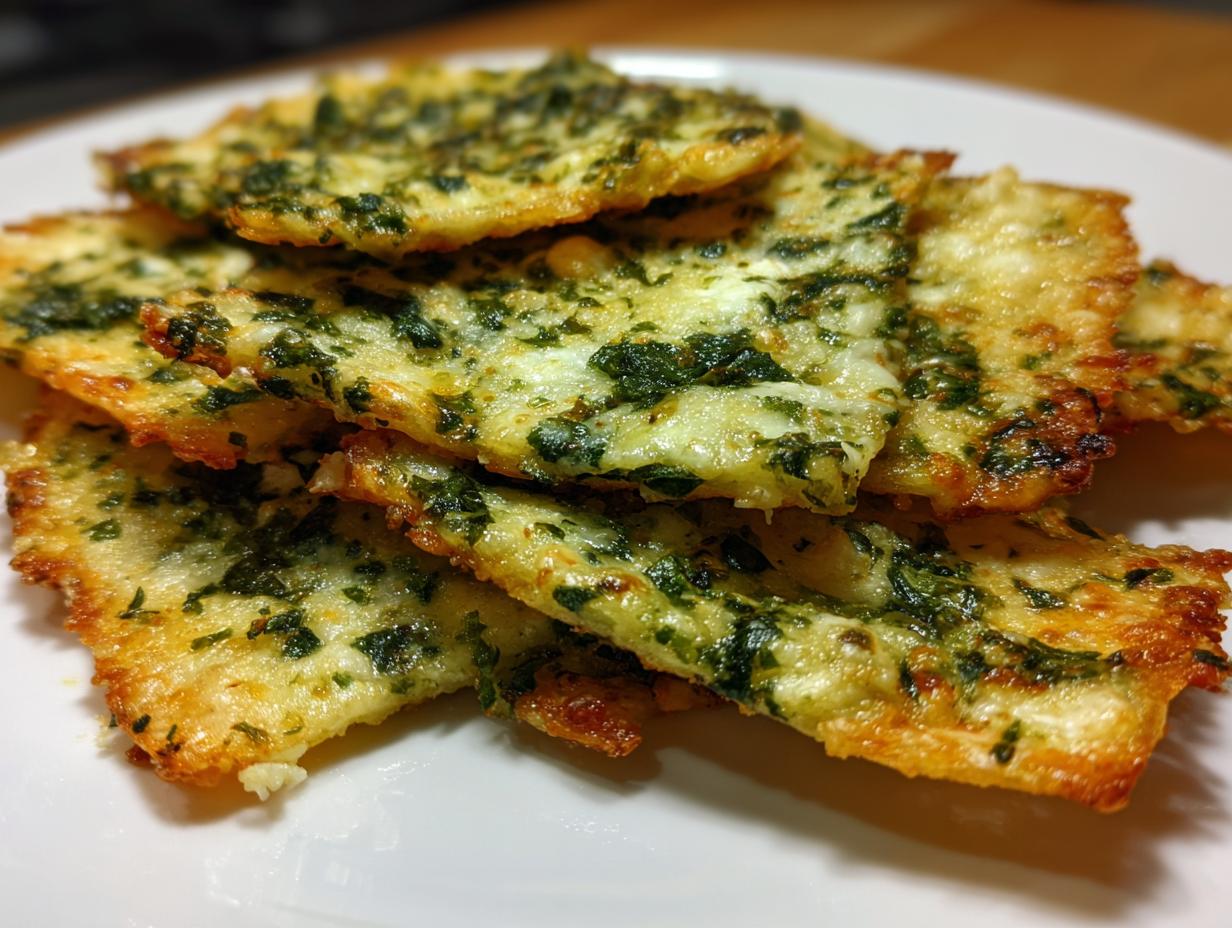 Close-up of golden brown, crispy Mediterranean Spinach and Feta Cheese Crisps stacked on a white plate.