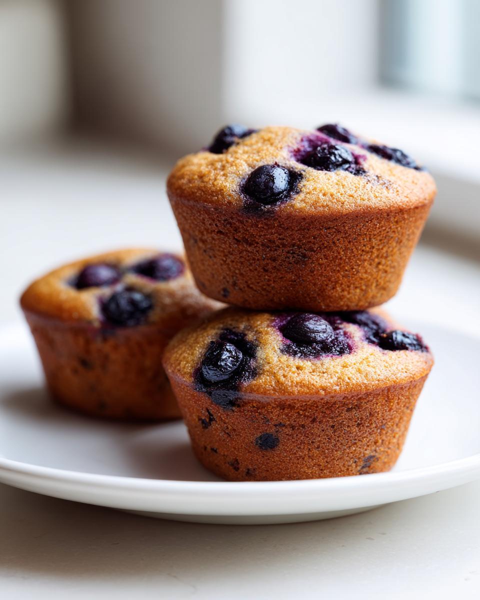 Three golden brown blueberry protein muffins stacked on a white plate, ready to eat.