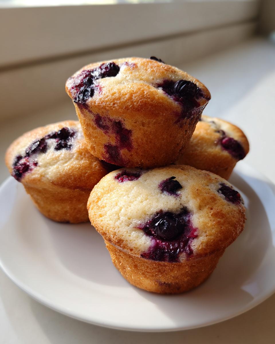 A stack of four moist blueberry protein muffins resting on a white plate near a window.
