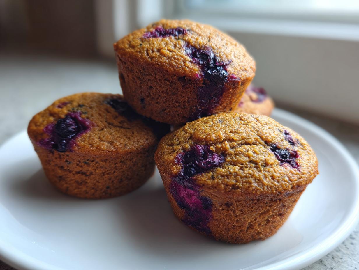 A stack of three moist blueberry protein muffins with golden-brown tops sitting on a white plate.