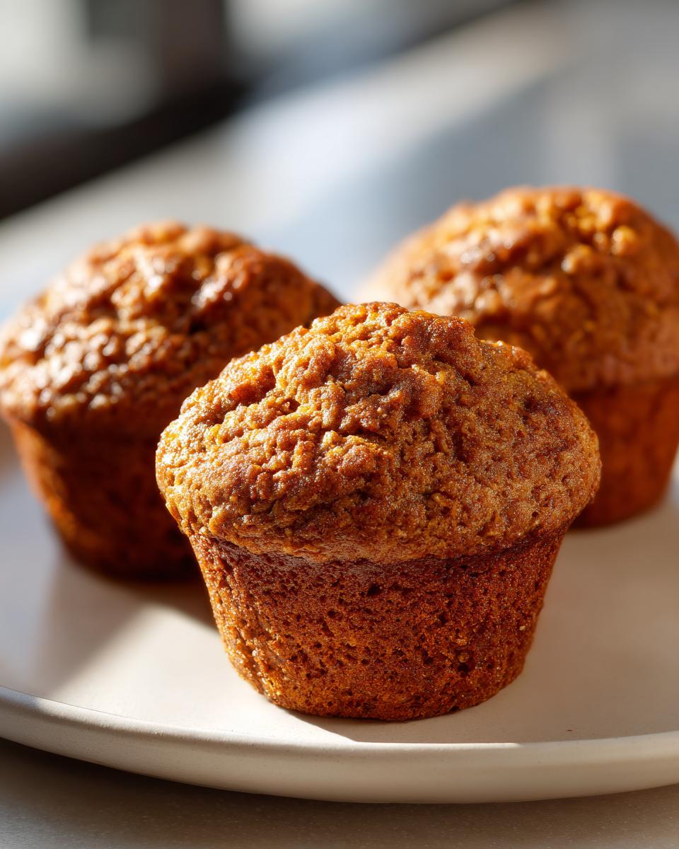 Close-up of three freshly baked, moist bran muffins sitting on a light-colored plate, highlighted by natural light.
