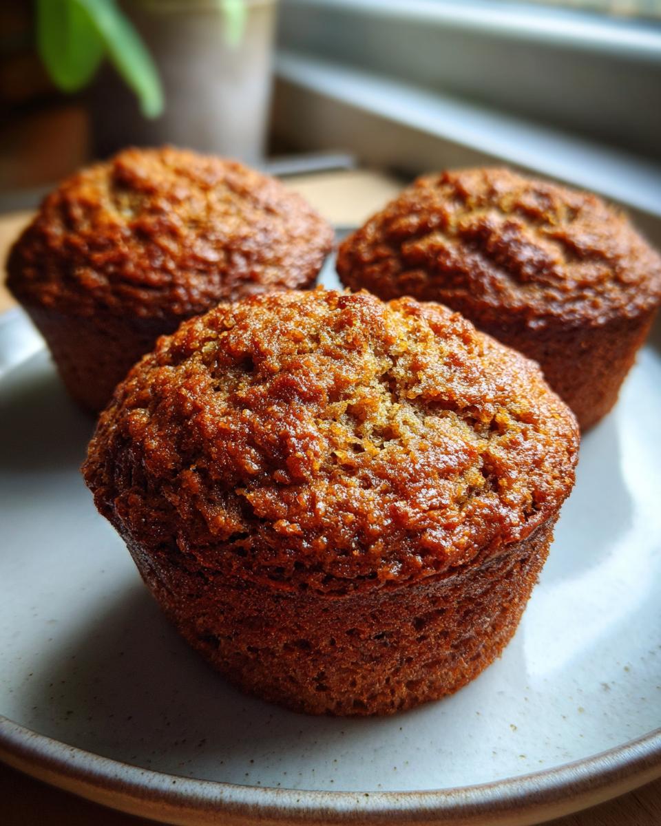 Close-up of three perfectly baked, moist bran muffins with golden-brown tops resting on a light ceramic plate.