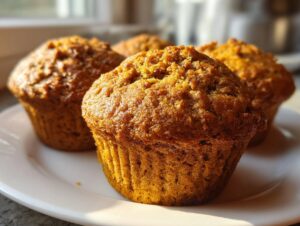 Close-up of several golden-brown, moist bran muffins sitting on a white plate, highlighted by sunlight.