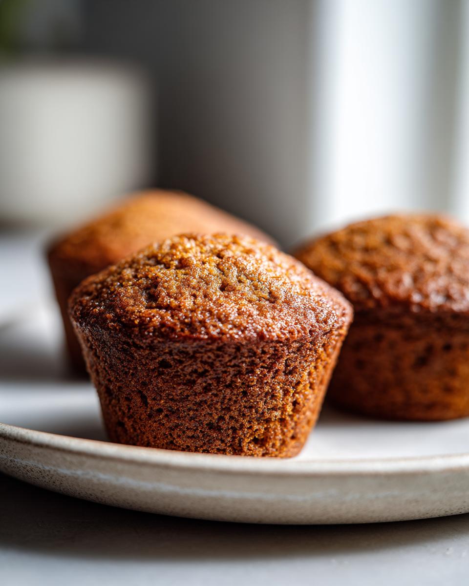 A close-up, shallow depth of field shot showing three moist bran muffins resting on a light ceramic plate.