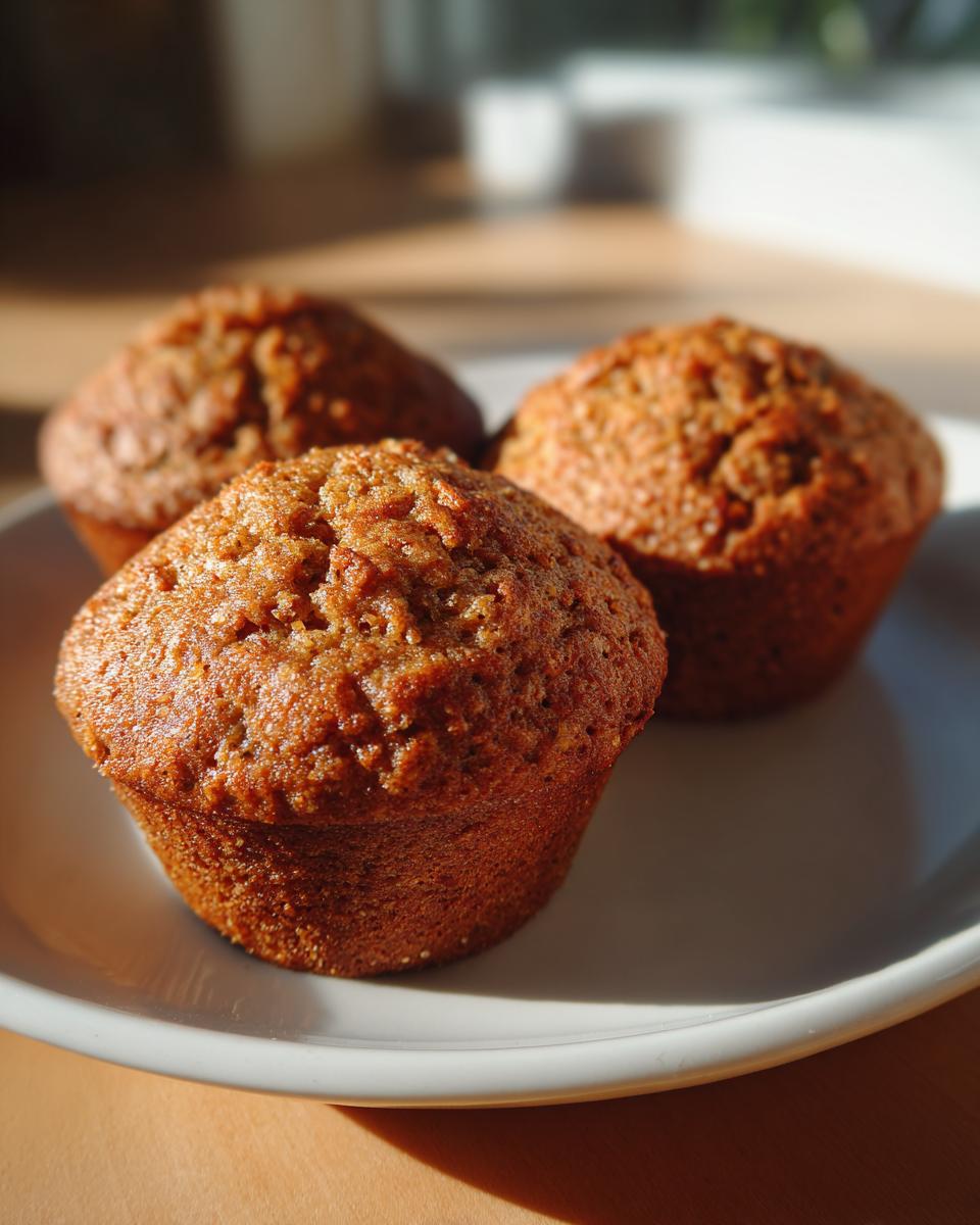 Three golden brown, moist bran muffins sitting closely together on a white plate, highlighted by sunlight.