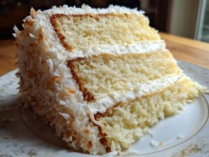 A moist, three-layer slice of coconut cake covered in white frosting and toasted coconut flakes.